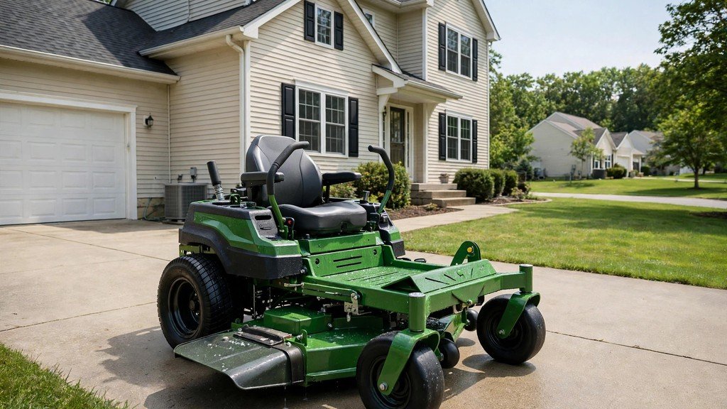 Clean John Deere Z355E zero-turn mower on a driveway ready for resale - Vehicle Review Hub