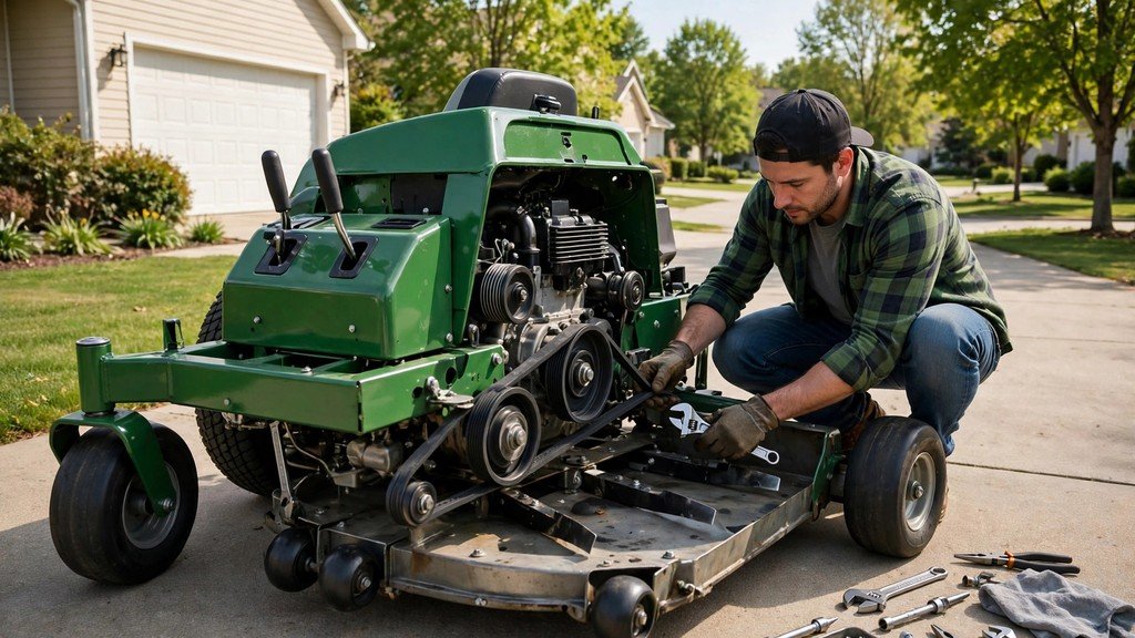 Buyer inspecting a used John Deere Z355E mower deck and belts - Vehicle Review Hub