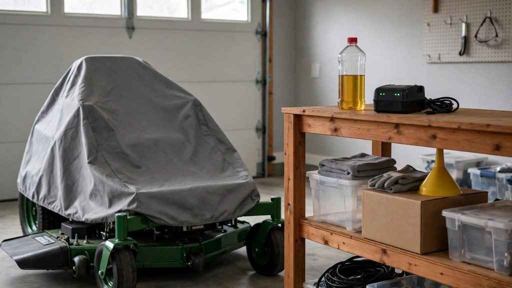 John Deere Z355E zero-turn mower covered for winter storage in a garage - Vehicle Review Hub