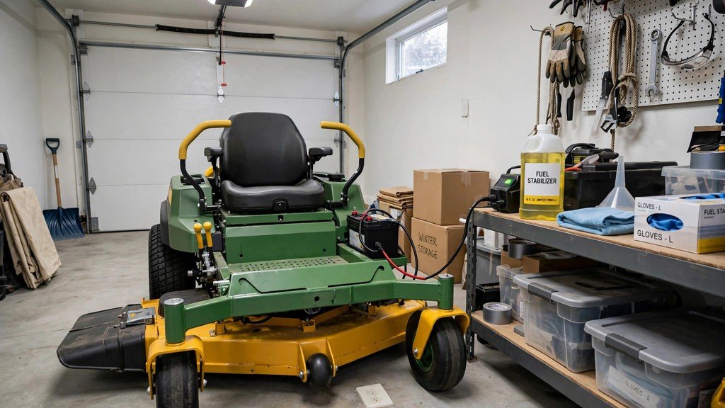 John Deere Z355E zero-turn mower stored in a garage for winter - Vehicle Review Hub