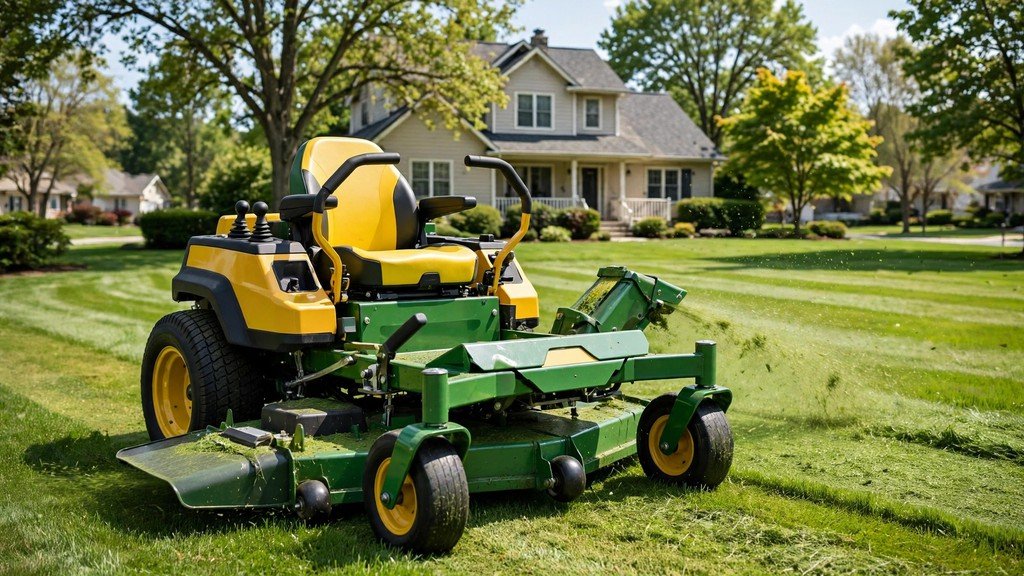 John Deere Z355E zero-turn mower cutting a residential lawn - Vehicle Review Hub