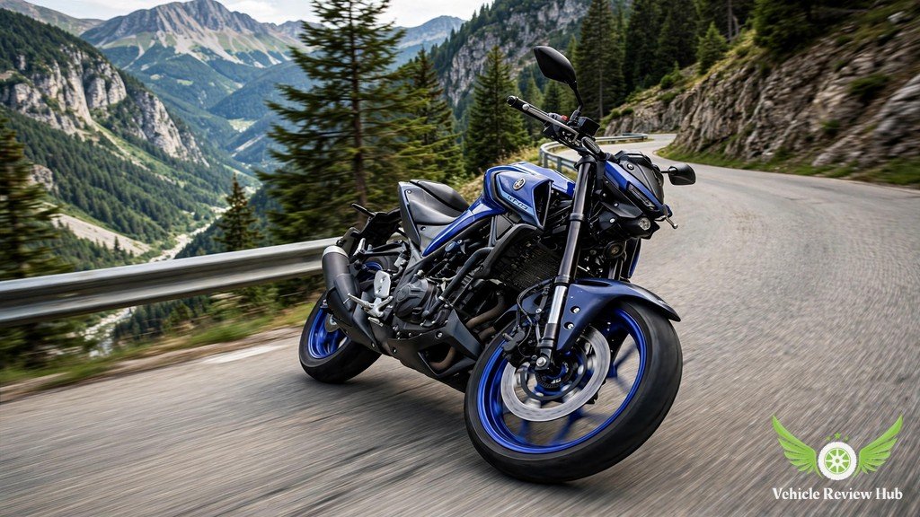 Yamaha MT-03 leaning into a winding mountain corner with inverted front fork