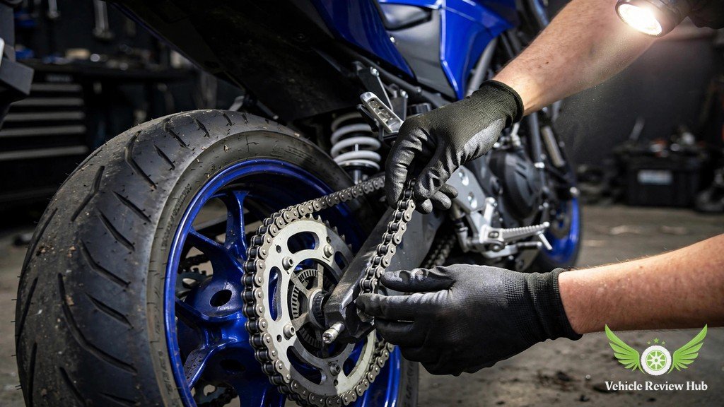 Buyer inspecting the chain and rear tire of a used Yamaha MT-03