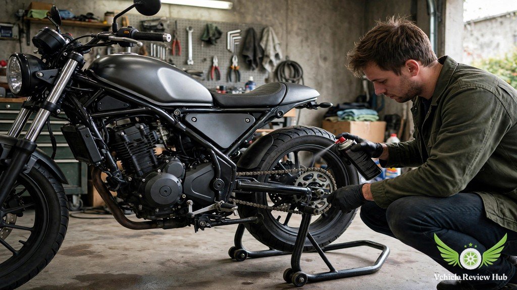 Lubricating the drive chain of a small naked motorcycle in a garage