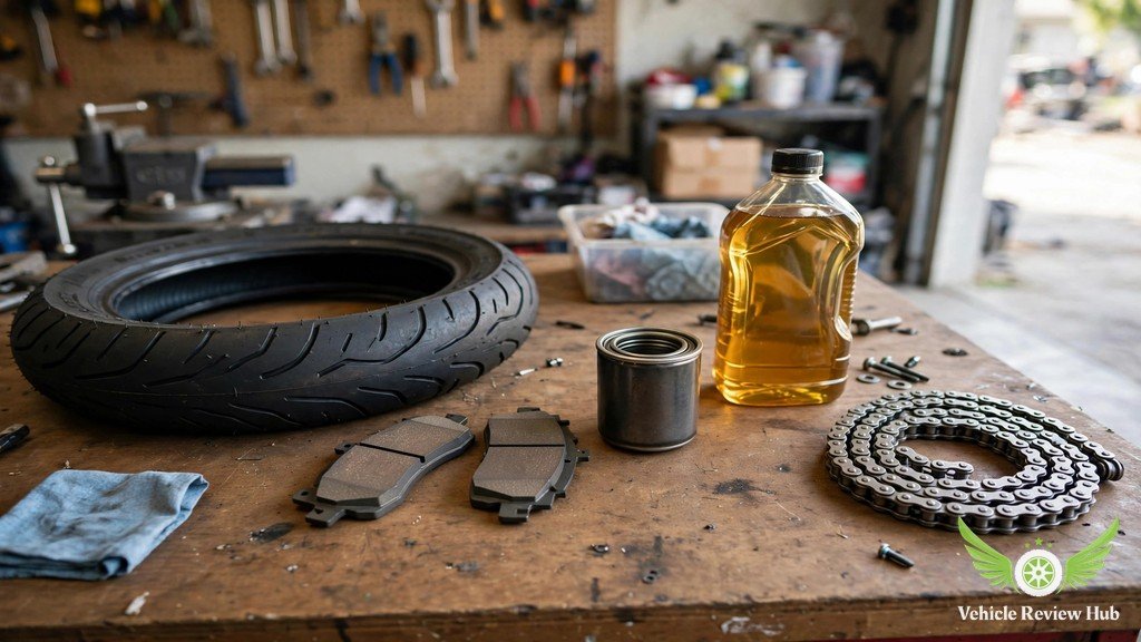 Motorcycle tire brake pads oil filter and drive chain on a workbench