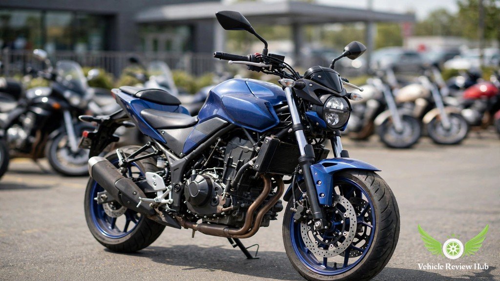 Used blue Yamaha MT-03 parked on a dealership lot