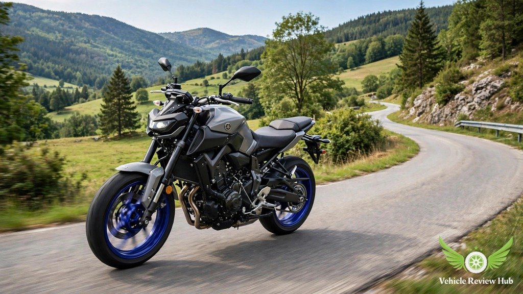 Modern Yamaha MT-07 riding on a winding road