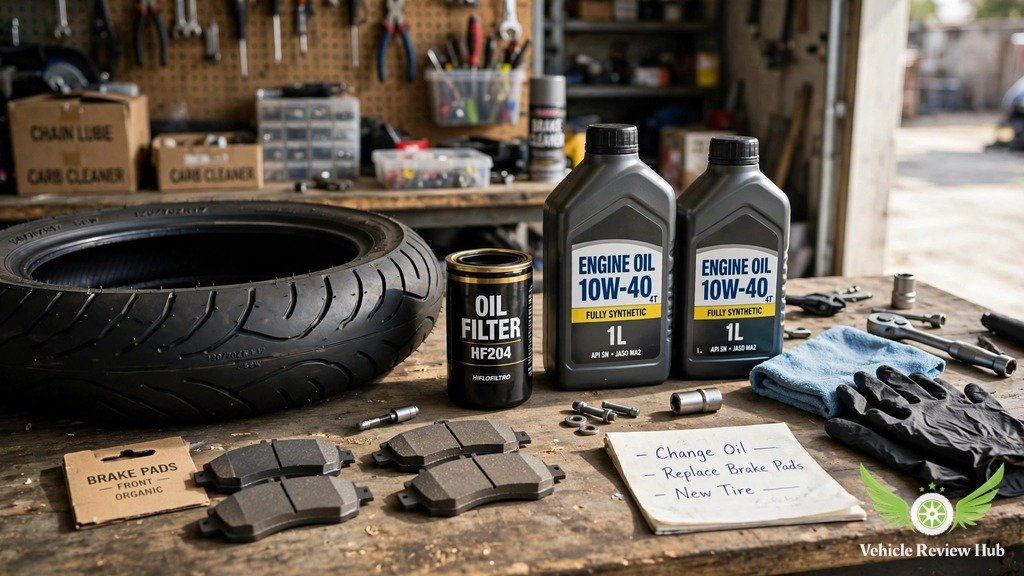 Motorcycle tire brake pads oil filter and engine oil for maintenance costs