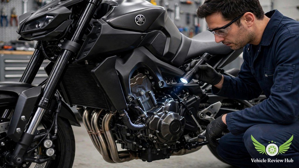 Mechanic inspecting the engine of a standard Yamaha MT-09 with a flashlight