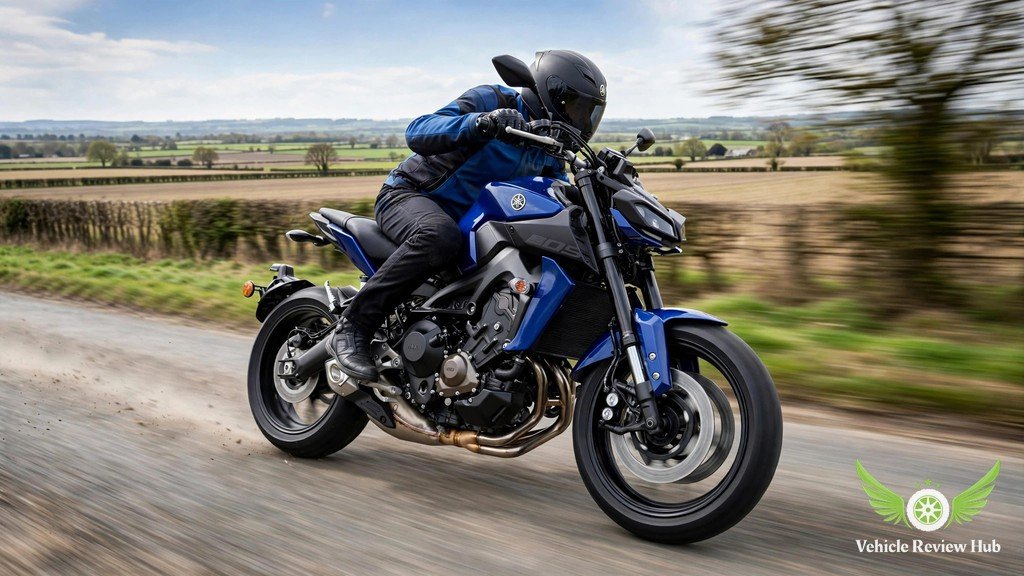 Yamaha MT-09 accelerating on an open country road