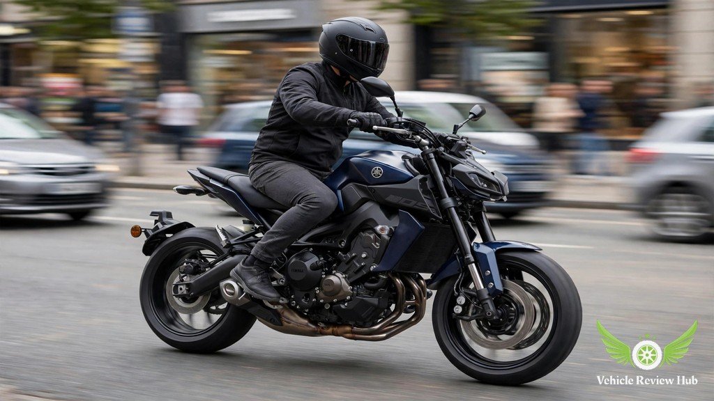 Yamaha MT-09 riding through city traffic