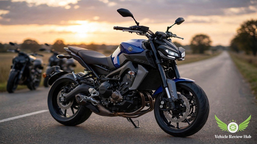 Blue Yamaha MT-09 parked with two rival middleweight naked motorcycles at sunset