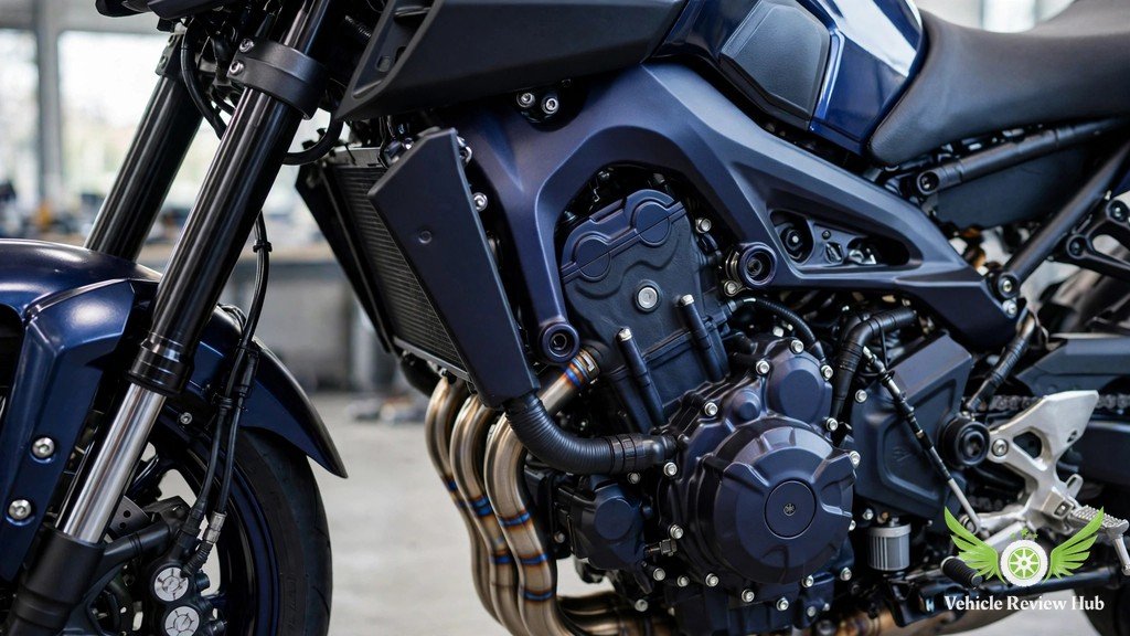 Yamaha MT-09 890cc CP3 engine close-up with black KYB fork