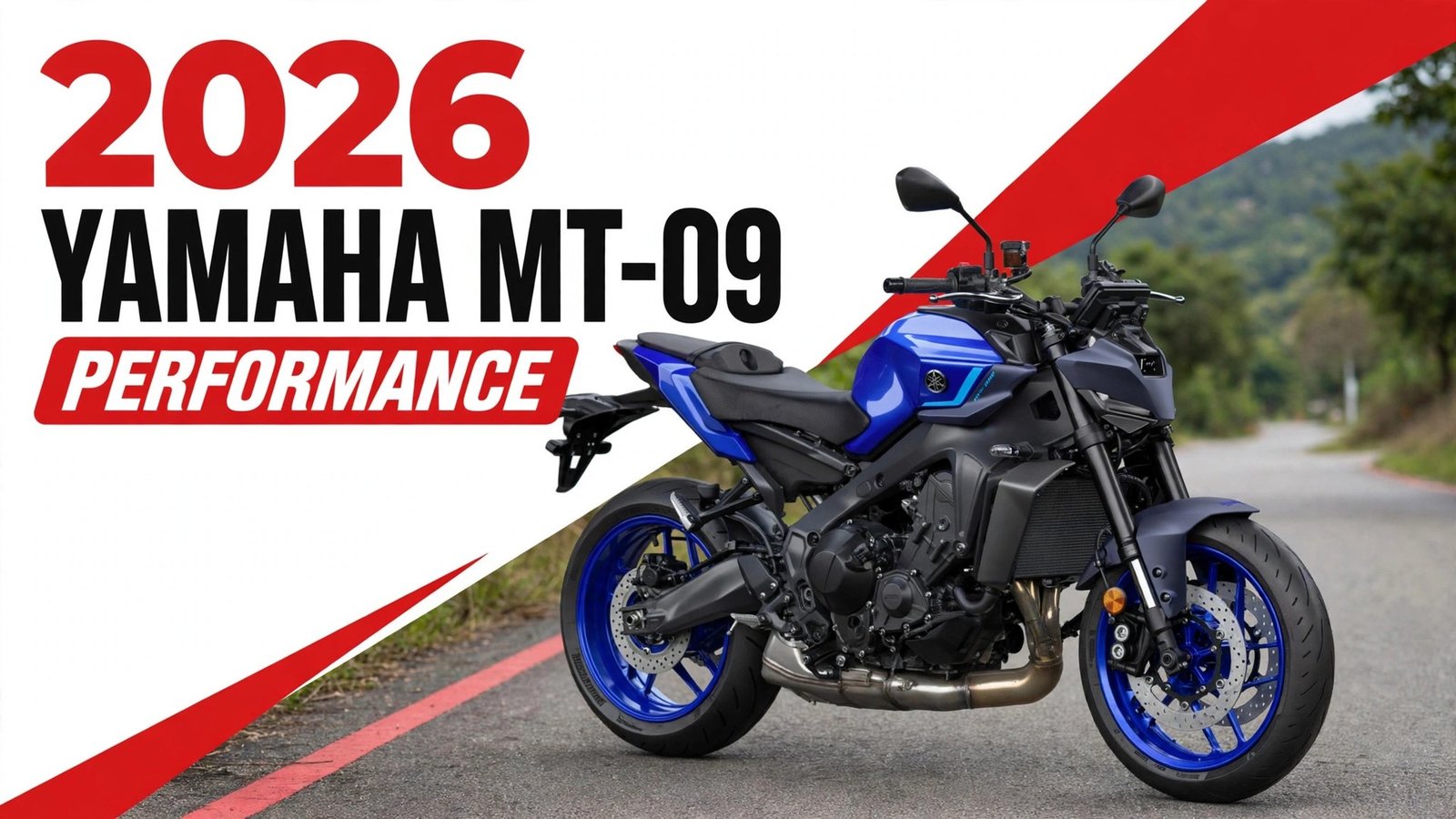 2026 Yamaha MT-09 Performance featured image showing the standard motorcycle in blue with black KYB fork