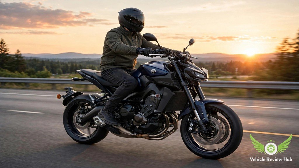 Yamaha MT-09 cruising on a highway at sunset