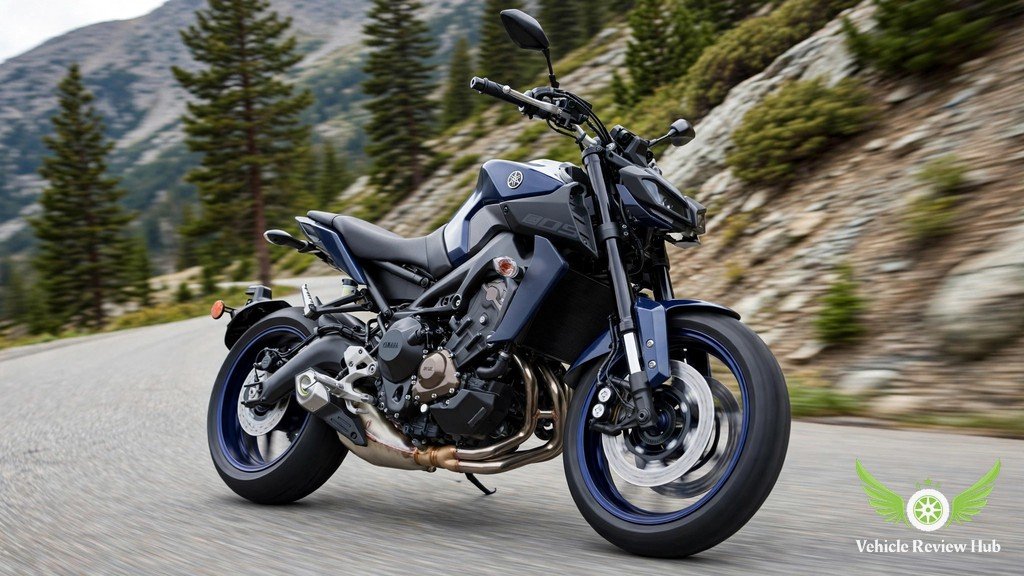 Yamaha MT-09 cornering on a mountain road with black KYB fork