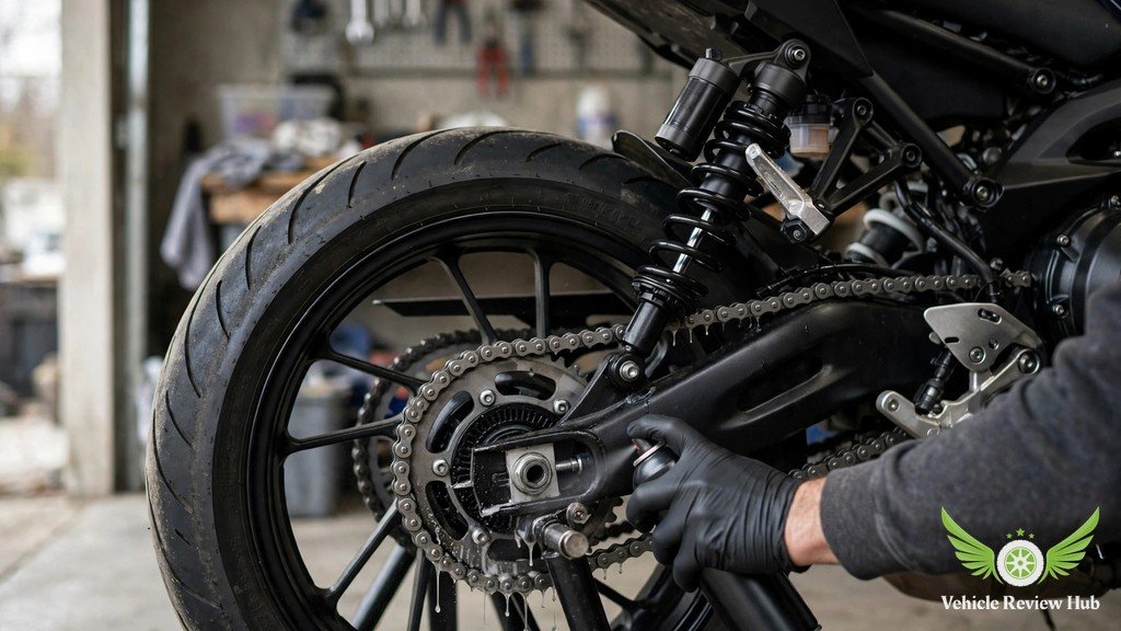 Lubricating the drive chain of a standard Yamaha MT-09 in a garage