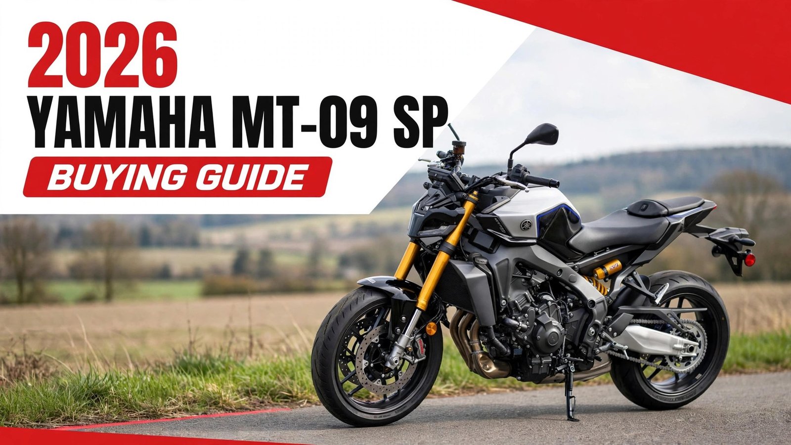 2026 Yamaha MT-09 SP side profile with gold fork tubes on a country road