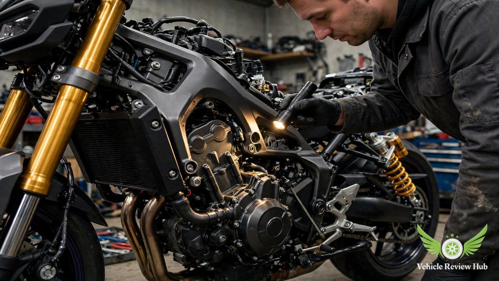 Mechanic inspecting the engine of a Yamaha MT-09 SP with a flashlight in a garage