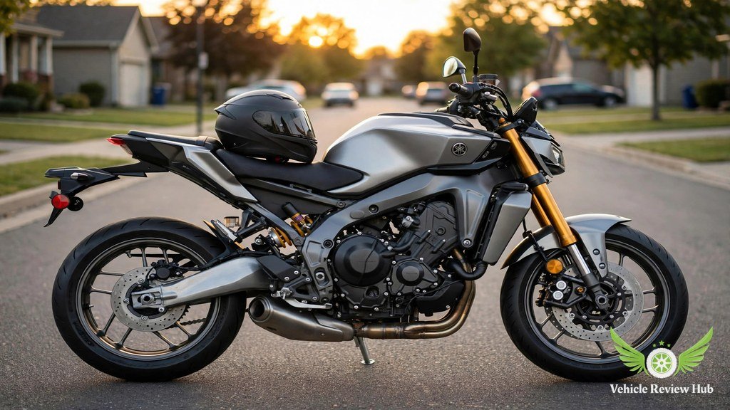 Yamaha MT-09 SP parked on a suburban street with a helmet on the seat at golden hour