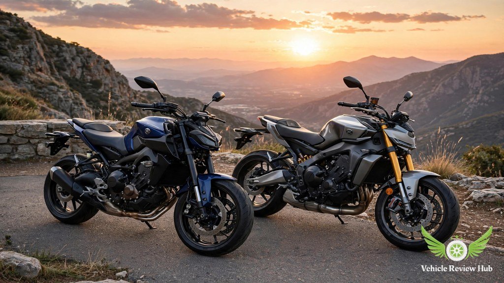 Standard Yamaha MT-09 in blue parked beside an MT-09 SP in silver and black at sunset