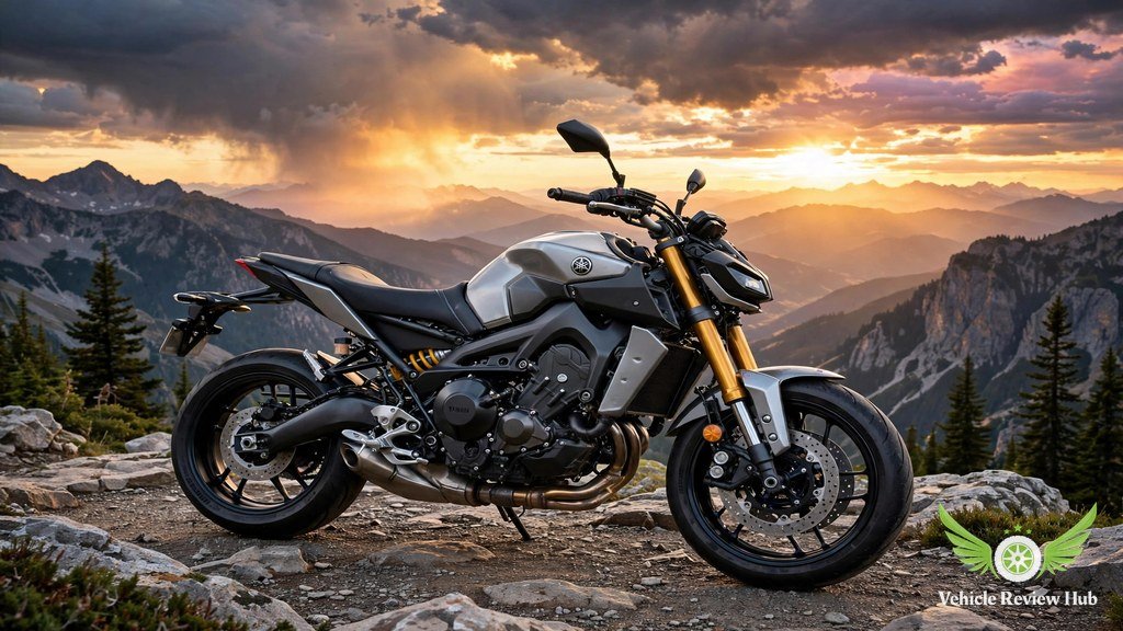 Yamaha MT-09 SP parked at a mountain overlook at sunset