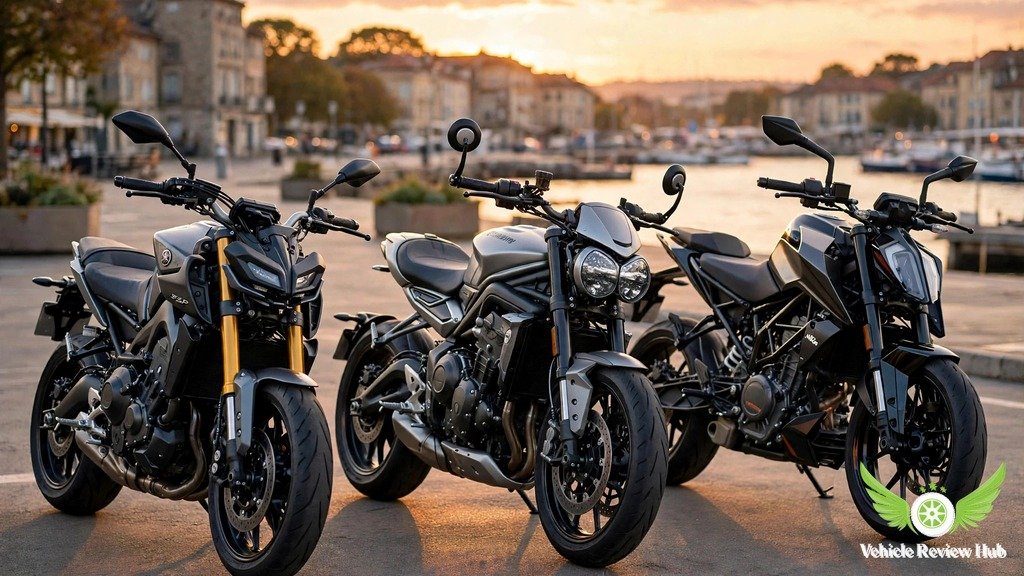 Yamaha MT-09 SP parked beside European middleweight naked rivals at sunset