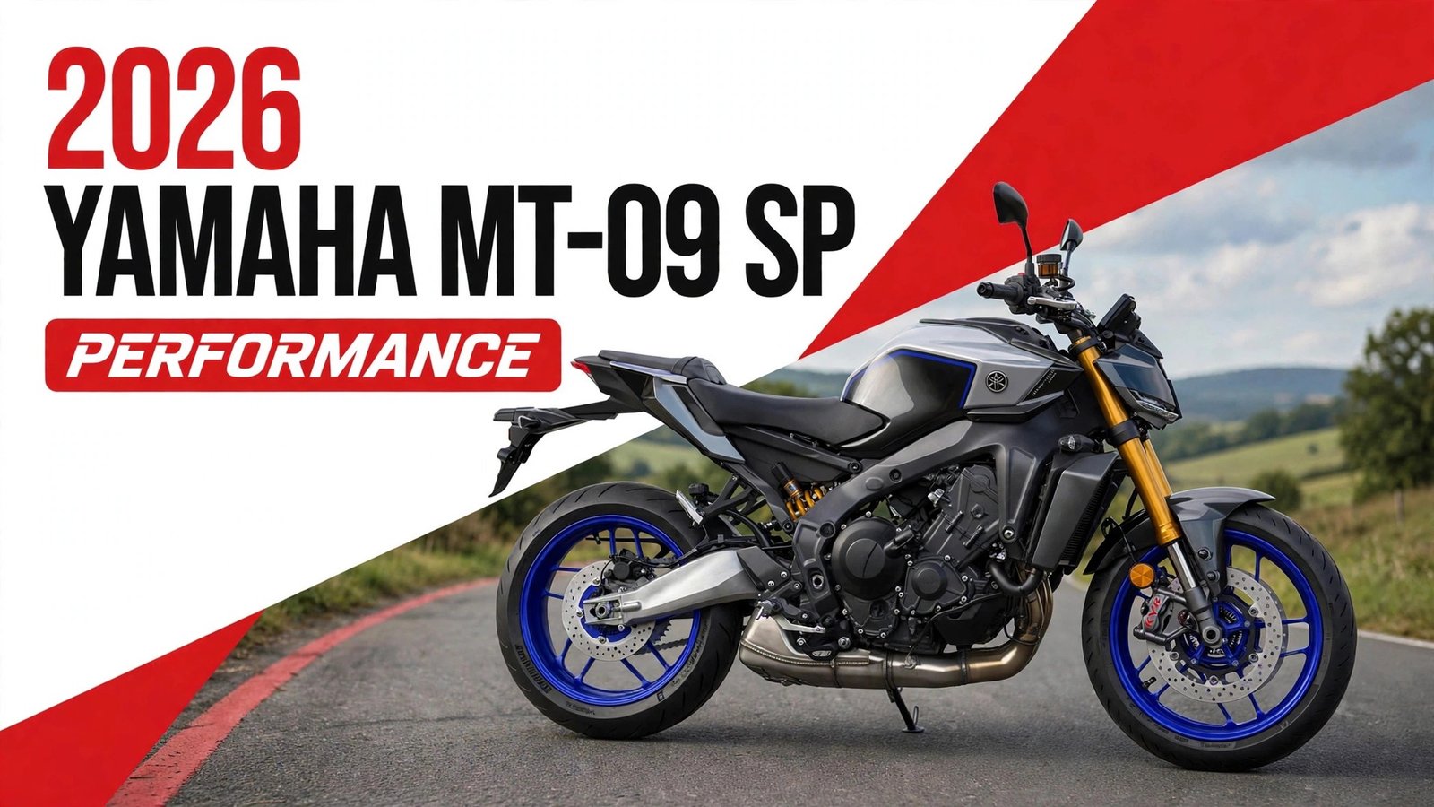 2026 Yamaha MT-09 SP side profile with gold fork tubes on an open road