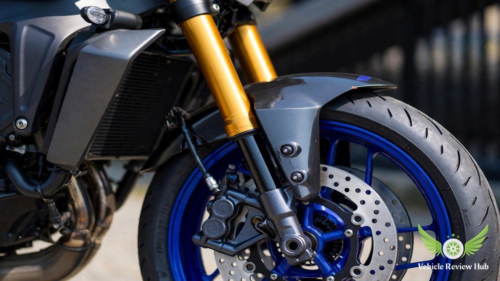 Yamaha MT-09 SP front brake disc and gold KYB fork close-up