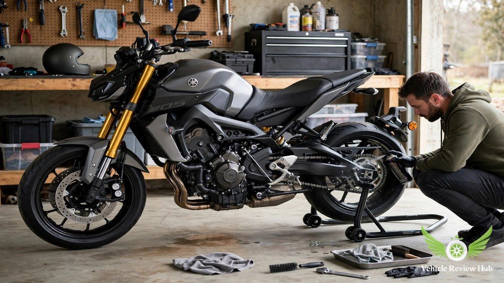 Lubricating the drive chain of a Yamaha MT-09 SP in a garage