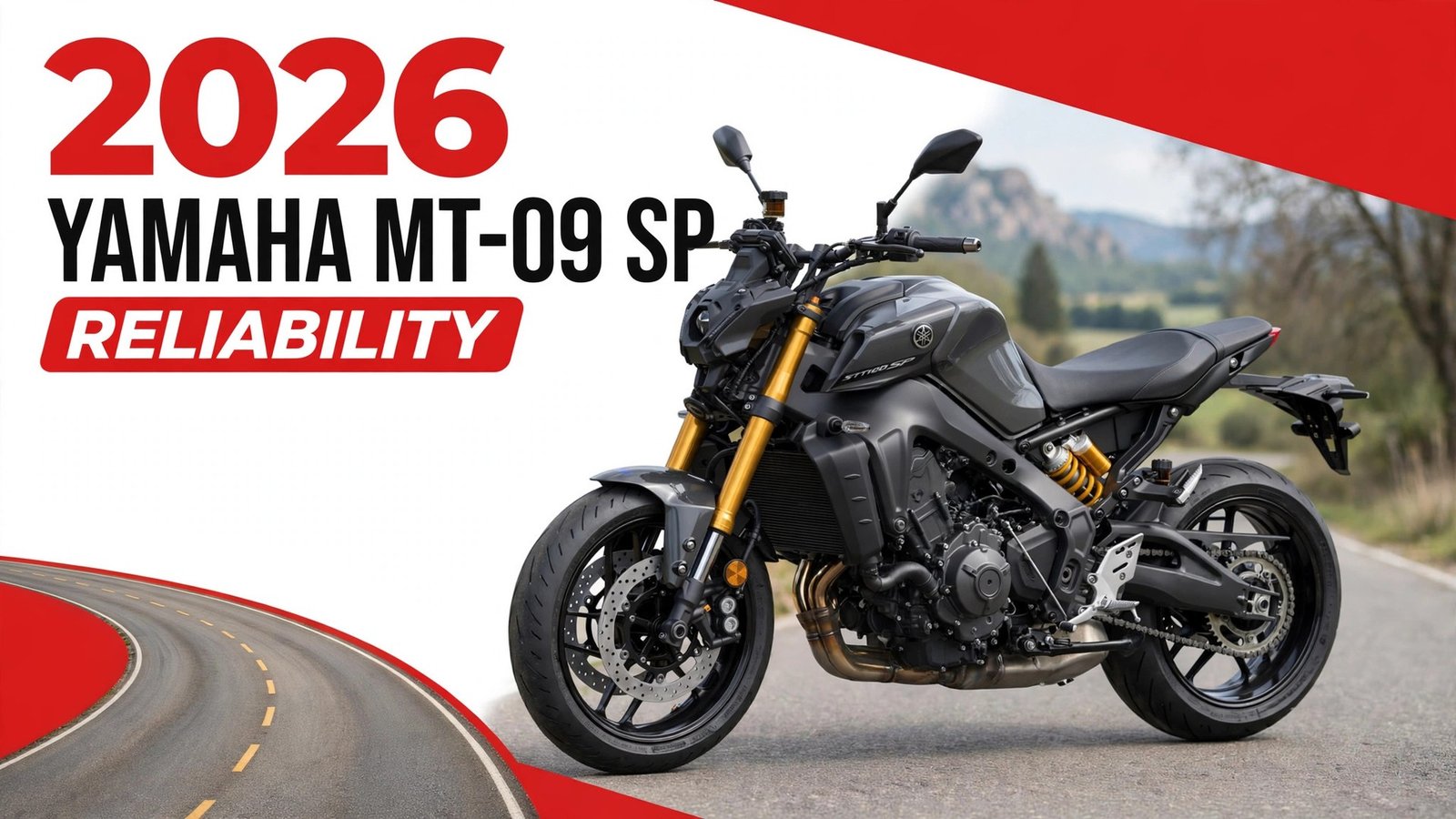 2026 Yamaha MT-09 SP side profile with gold fork tubes on a mountain road