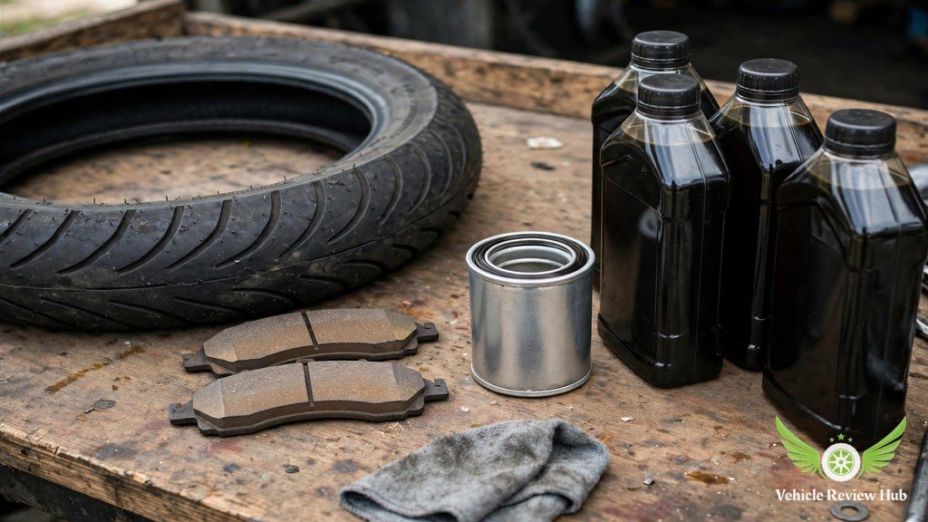 Motorcycle tire brake pads oil filter and engine oil for maintenance costs