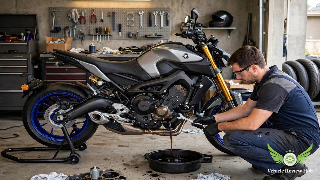Mechanic draining engine oil from a Yamaha MT-09 SP during service