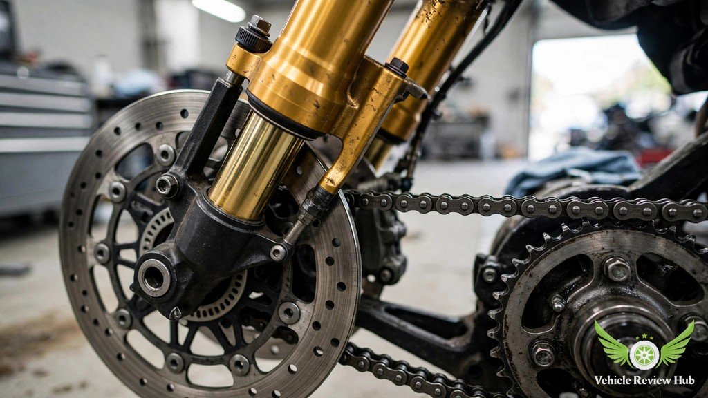 Close-up inspection of motorcycle brake disc, gold fork, chain and sprocket