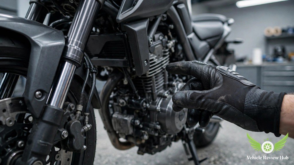 Mechanic inspecting a motorcycle engine and front fork in a garage