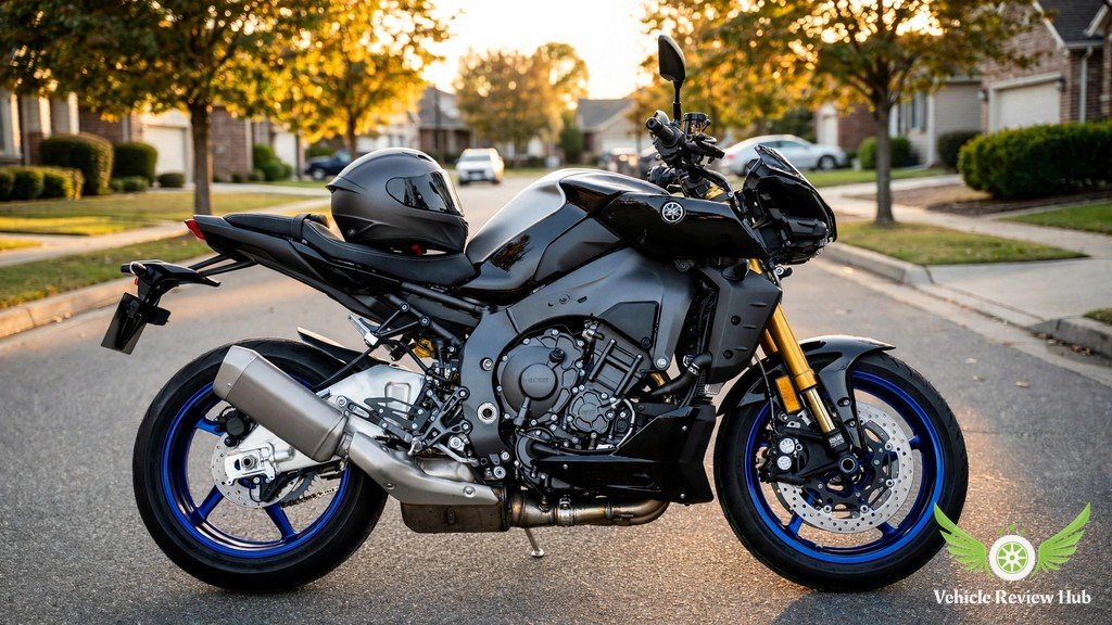 Yamaha MT-10 SP parked on a suburban street with helmet on the seat