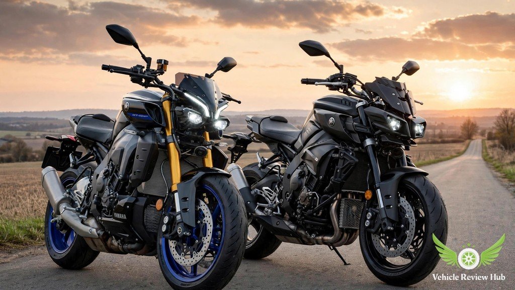 Yamaha MT-10 SP beside a standard MT-10 naked motorcycle at sunset