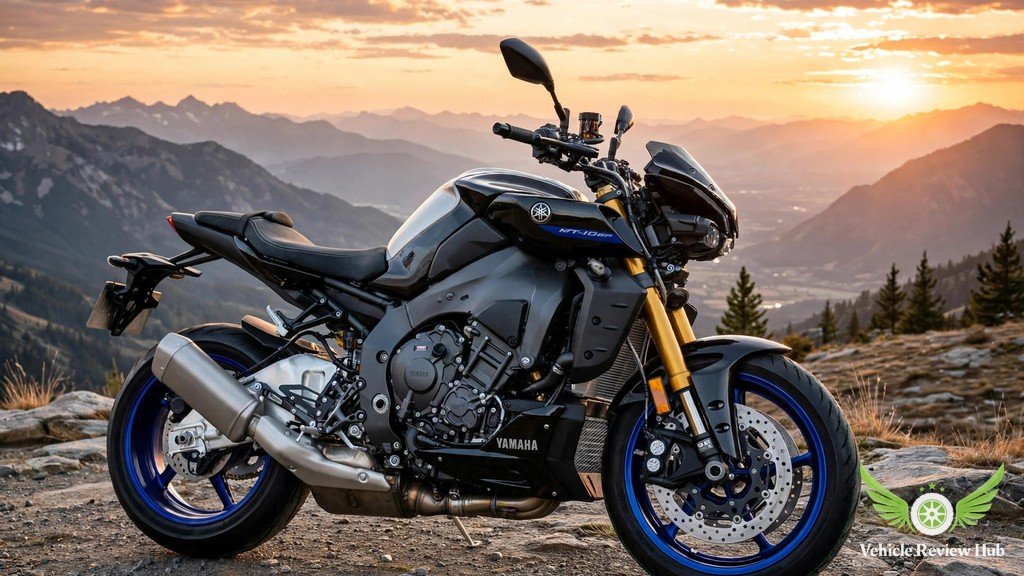Yamaha MT-10 SP parked at a mountain overlook at sunset