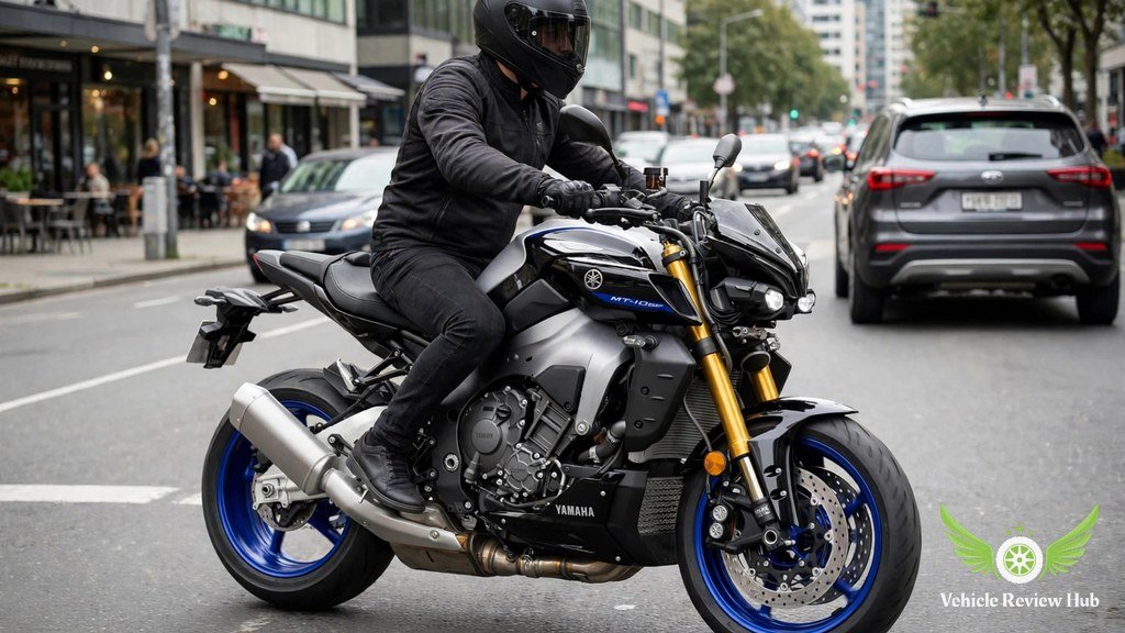 Yamaha MT-10 SP riding through city traffic