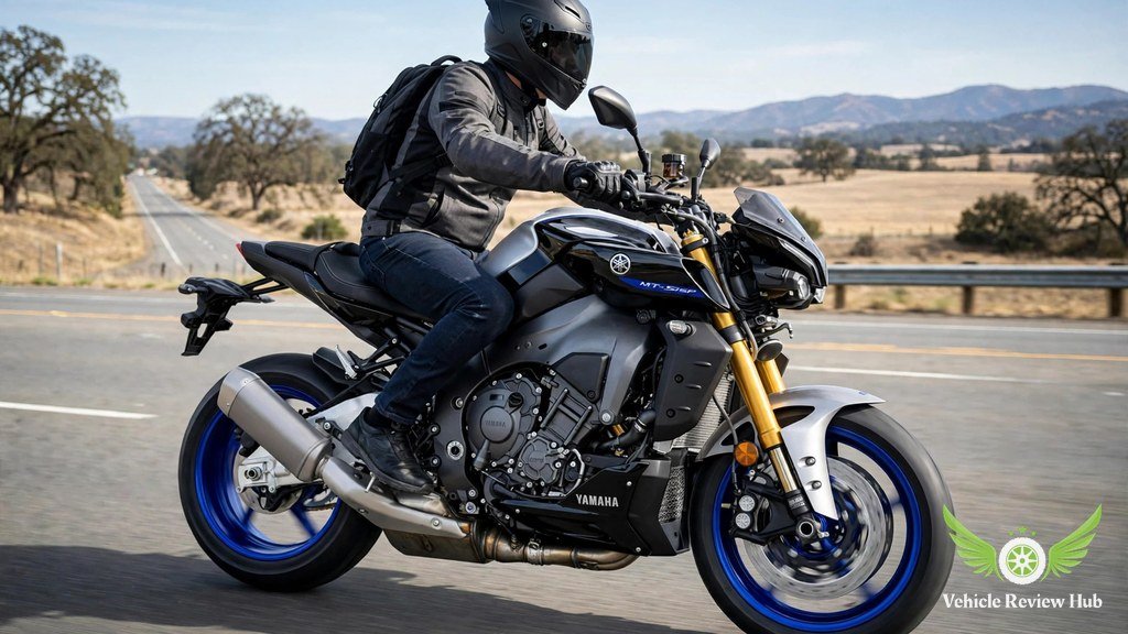 Yamaha MT-10 SP cruising on a highway for fuel economy