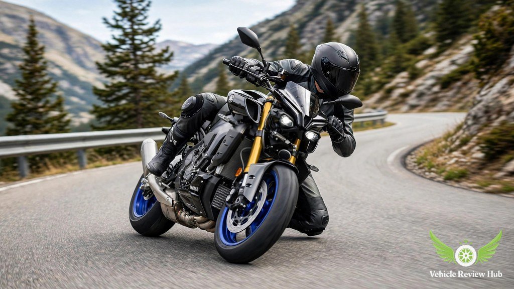 Yamaha MT-10 SP leaning into a corner on a twisty road