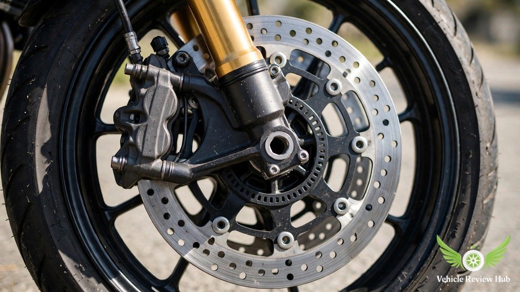 Yamaha MT-10 SP front brake disc and gold Ohlins fork close-up
