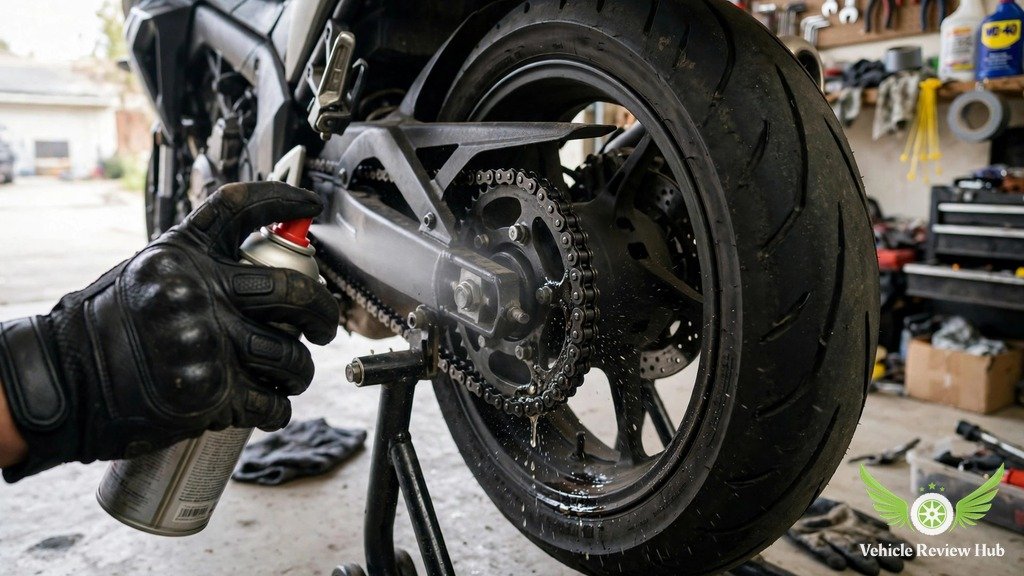 Lubricating the drive chain of a Yamaha MT-10 SP in a home garage
