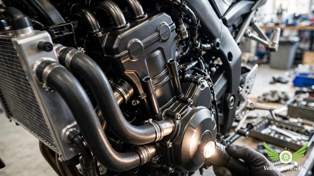 Yamaha MT-10 SP liquid-cooled inline-four engine and radiator inspection