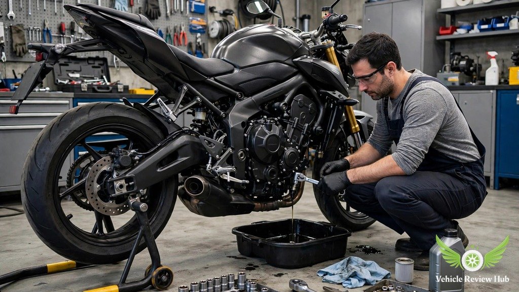 Mechanic draining engine oil during Yamaha MT-10 SP service