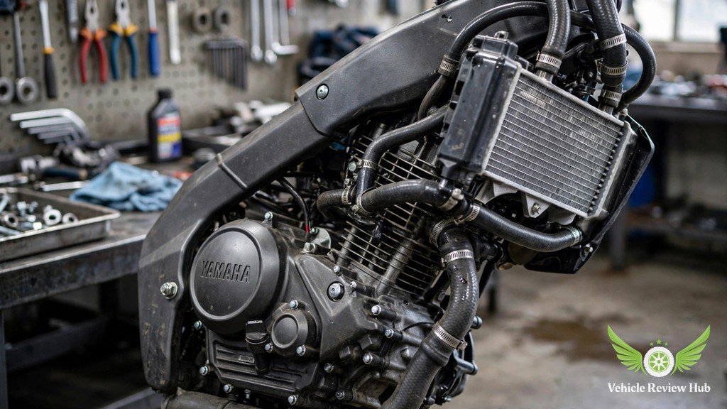 Close-up of a Yamaha MT-125 engine and radiator showing cooling fins and hoses to inspect