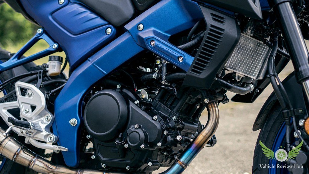 Close-up of the Yamaha MT-125 125cc single-cylinder engine and frame