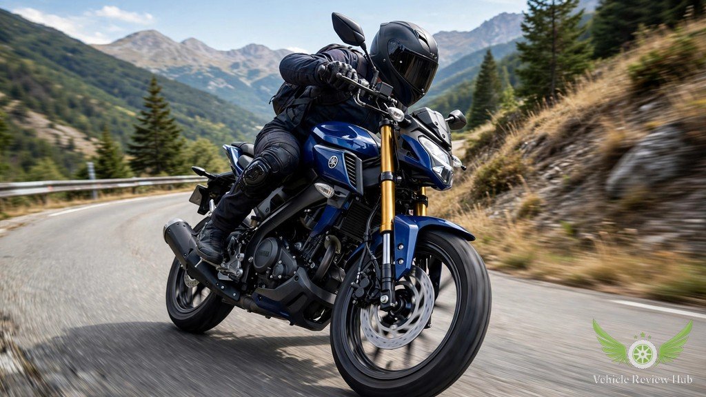 Yamaha MT-125 leaning into a corner on a winding road
