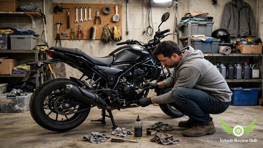 Owner cleaning and lubricating the chain of a Yamaha MT-125 in a home garage