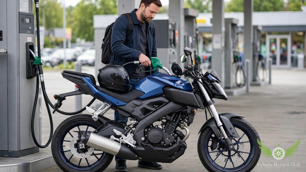 Yamaha MT-125 parked at a fuel station pump